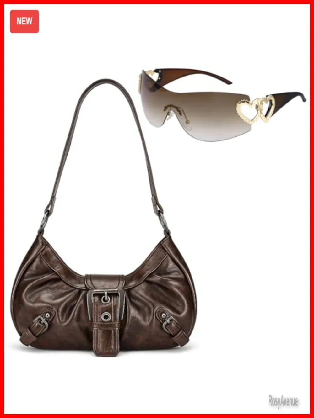 Y2K Hobo Shoulder Bag Faux Leather Clutch Purse with Sunglasses Set